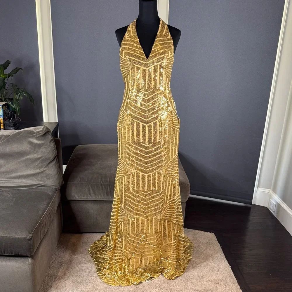 Women’s Gold Sequined Full Length Prom Formal Dress Halter Neck Train Size S NWT